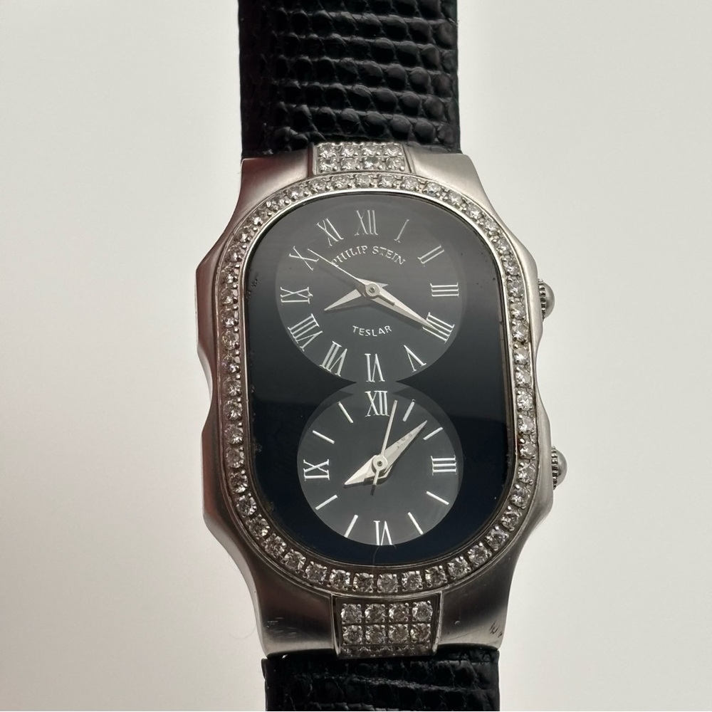 Philip Stein Teslar Dual Time Diamond Bezel Watch 45mm Lizard Strap - Picture 10 of 10